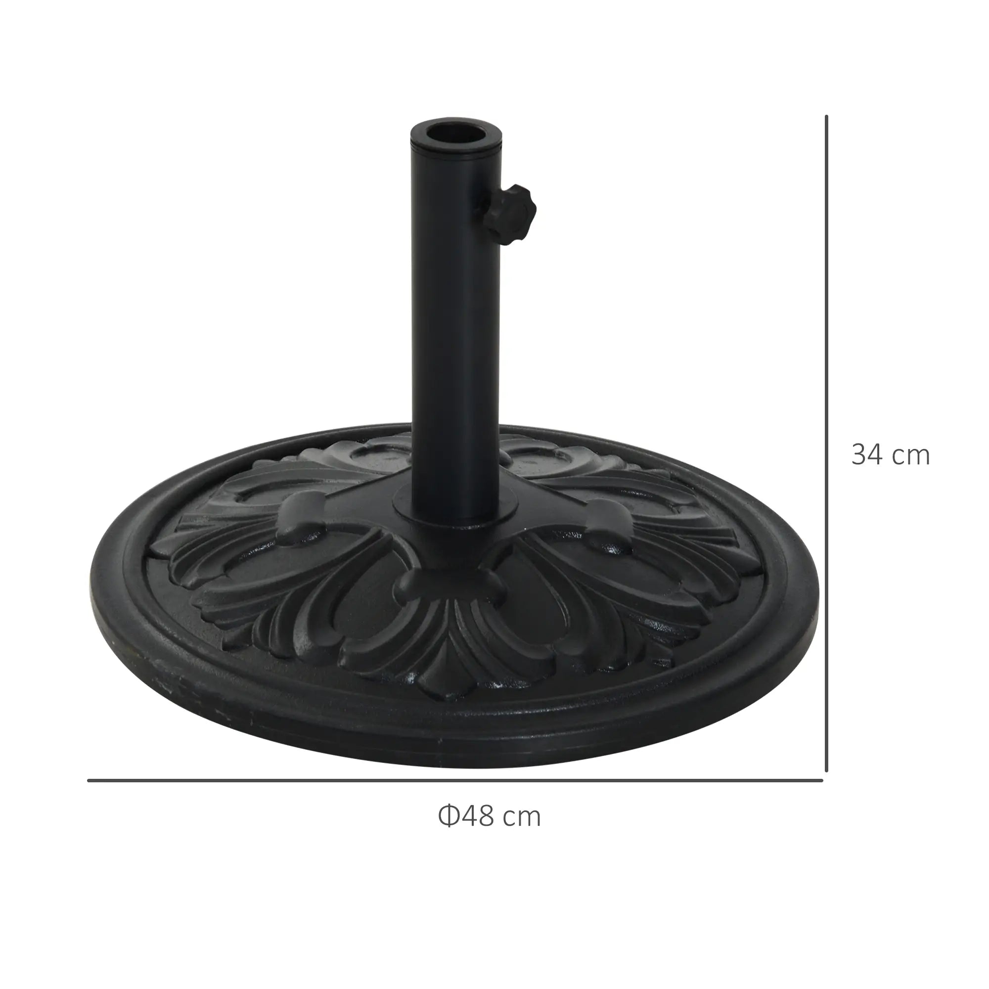 Heavy-duty 13kg round parasol base with carved floral design, outdoor umbrella stand from Lavish Kitchen Isle.