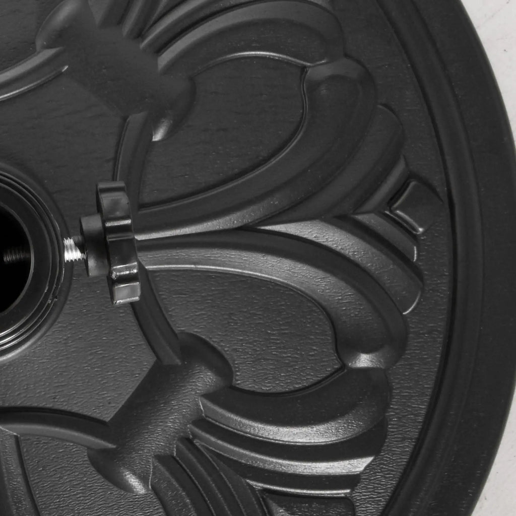 Heavy-duty 13kg round parasol base with carved floral design for outdoor umbrellas, from Lavish Kitchen Isle.