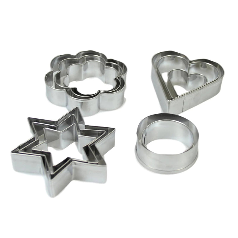 Set of 12 traditional shape cookie cutters by Lavish Kitchen Isle in various designs for baking and cake decorating.