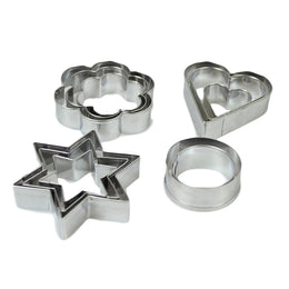 Set of 12 traditional shape cookie cutters by Lavish Kitchen Isle in various designs for baking and cake decorating.
