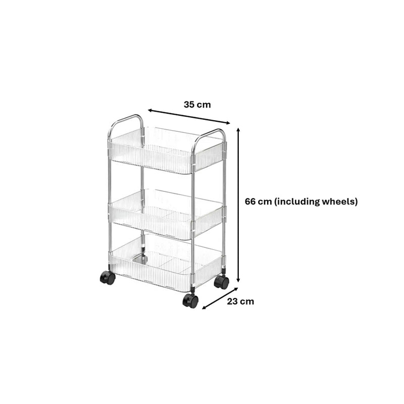 Plastic 3 Tier Transparent Storage Rack Trolley with Wheels 35 x 23 x 66 cm