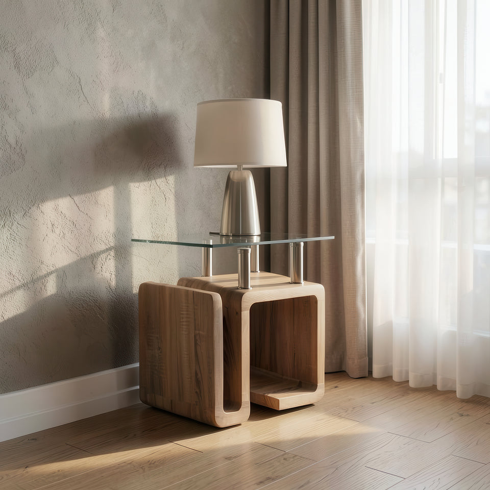 Natural wood Edith lamp table by Lavish Kitchen Isle, minimalist side table for living and bedroom interiors.