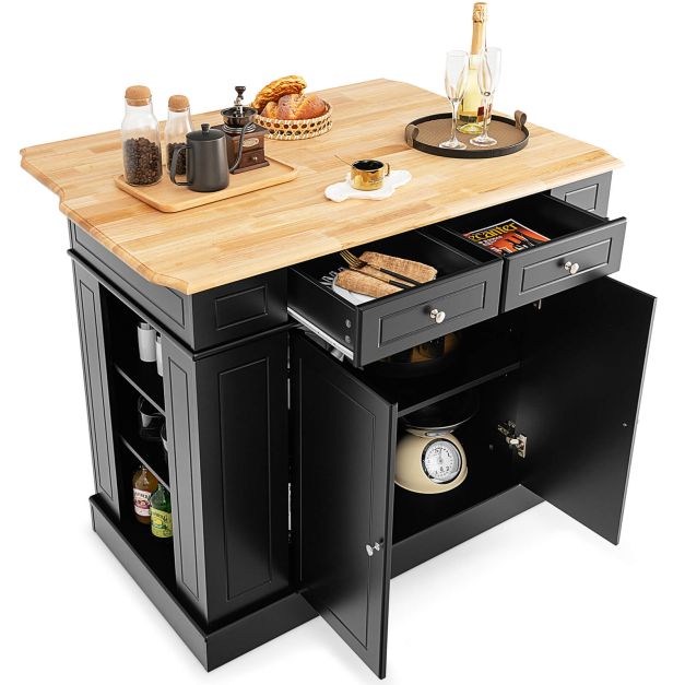 Drop-Leaf Kitchen Island with Extendable Worktop and Adjustable Shelves