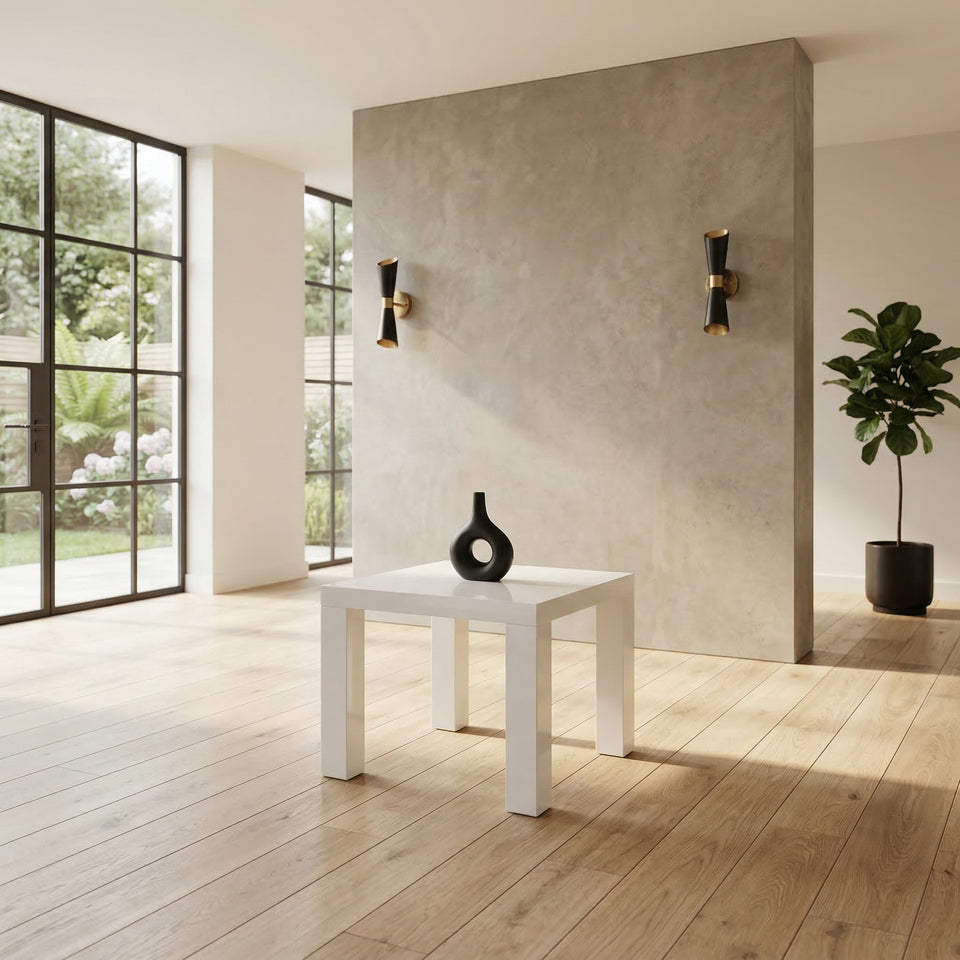 Lavish Kitchen Isle Foxley white high gloss lamp table, modern bedside and living room side table with sleek design and smooth finish.