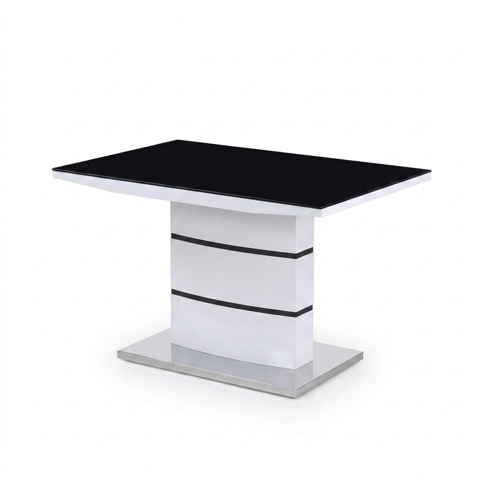 Lavish Kitchen Isle Aldridge high gloss white dining table with glass top, contemporary luxury kitchen and dining furniture.
