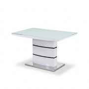 Lavish Kitchen Isle Aldridge high gloss white dining table with glass top, modern luxury kitchen and dining room furniture