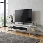 Lagonda clear glass TV unit by Lavish Kitchen Isle, modern white entertainment cabinet with high gloss drawer and glass shelving.