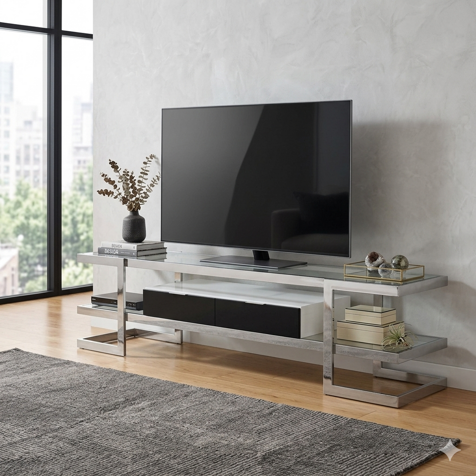 Lagonda clear glass TV unit by Lavish Kitchen Isle, modern white entertainment cabinet with high gloss drawer and glass shelving.