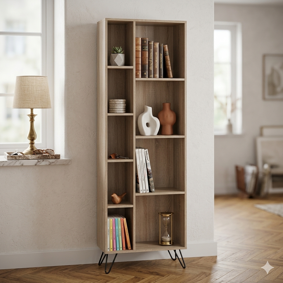 Lavish Kitchen Isle Sonoma Narrow Bookcase, slim modern storage and display unit for compact interiors, with multiple shelves and sleek design.