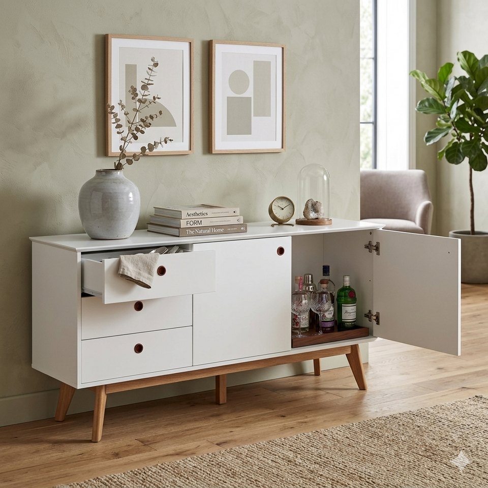 Lavish Kitchen Isle Belgium White sideboard with 2 doors and 3 drawers, contemporary storage cabinet in white finish.