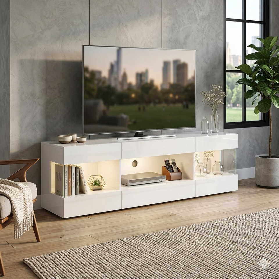 Lavish Kitchen Isle Concorde White High Gloss LED TV unit with integrated LED lighting and storage, modern contemporary TV stand.