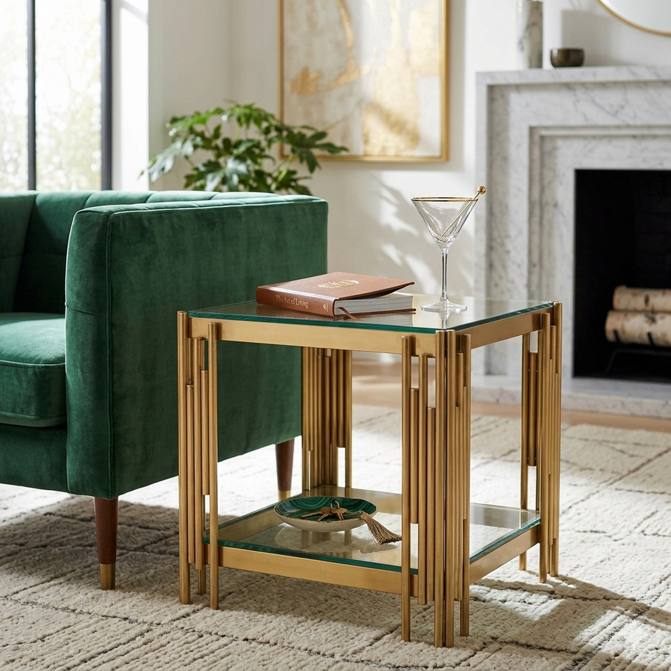 Lavish Kitchen Isle Cleveland Gold Frame Glass Lamp Table with tempered glass top, luxury accent piece for living room decor