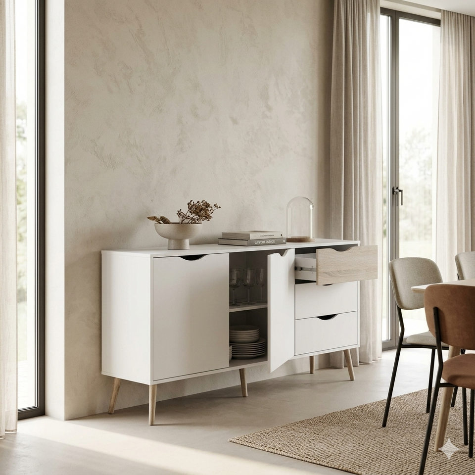 Lavish Kitchen Isle Mapleton large sideboard with sleek wood finish and multiple storage compartments for dining and living spaces