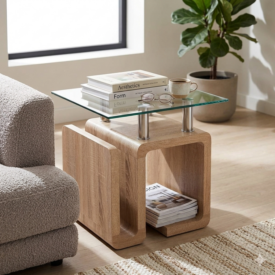 Wooden side table with natural finish, minimalist design suitable for living room or bedroom interiors by Lavish Kitchen Isle.