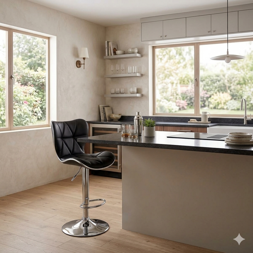 Pair of Lavish Kitchen Isle Harlow PU bar stools with chrome legs and black seats, adjustable height for kitchen islands and home bars.