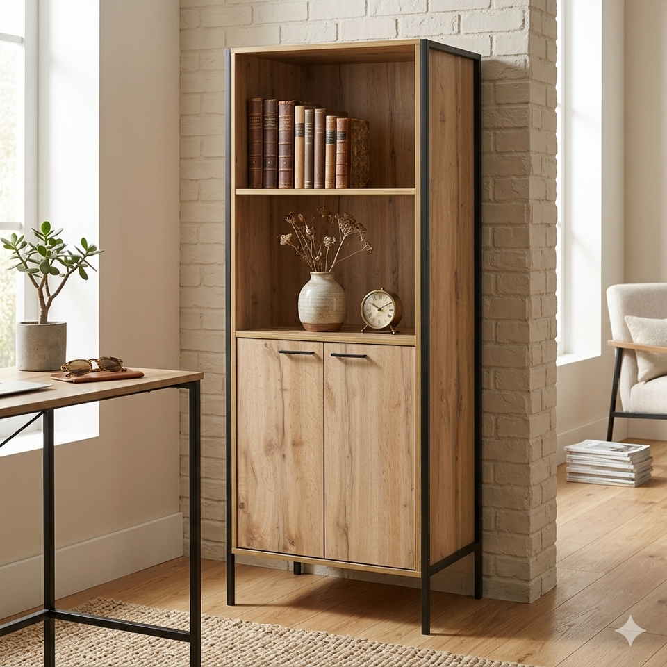 Lavish Kitchen Isle Michigan 2-door bookcase with shelves, contemporary design for living or office storage and display.