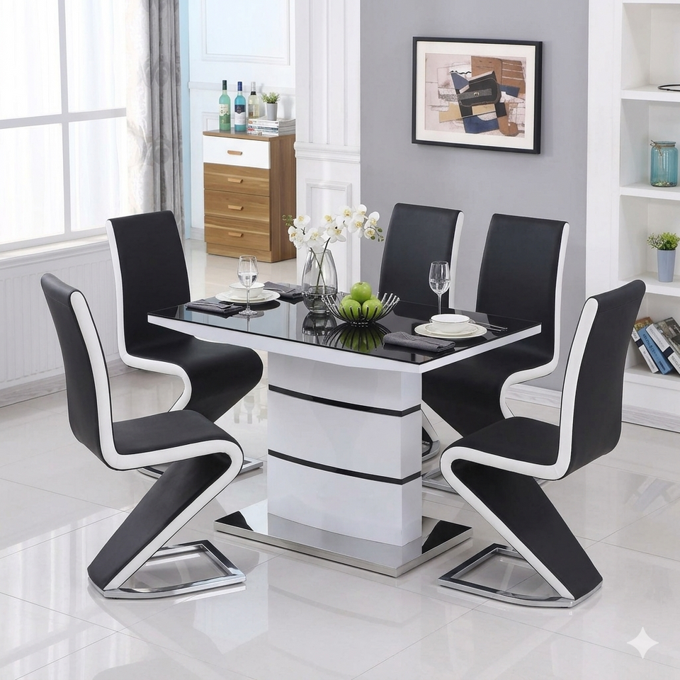 Lavish Kitchen Isle Aldridge high gloss white dining table with glass top, modern contemporary design for kitchen and dining space.
