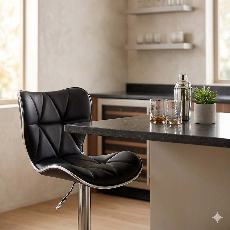 Pair of Lavish Kitchen Isle Harlow PU bar stools with chrome frames and black seats, adjustable height for kitchen islands and home bars