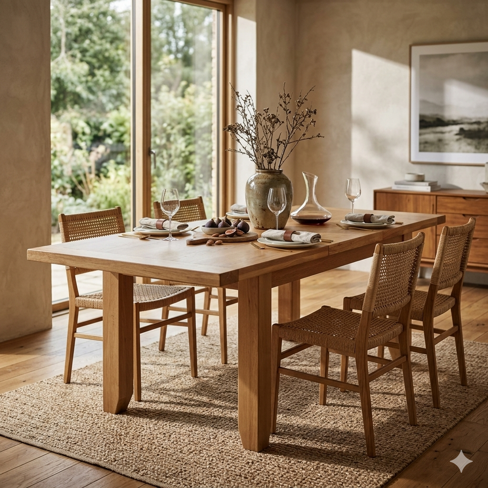 Lavish Kitchen Isle Acorn Solid Oak extending dining table with natural wood finish, extendable for kitchen and dining room seating.