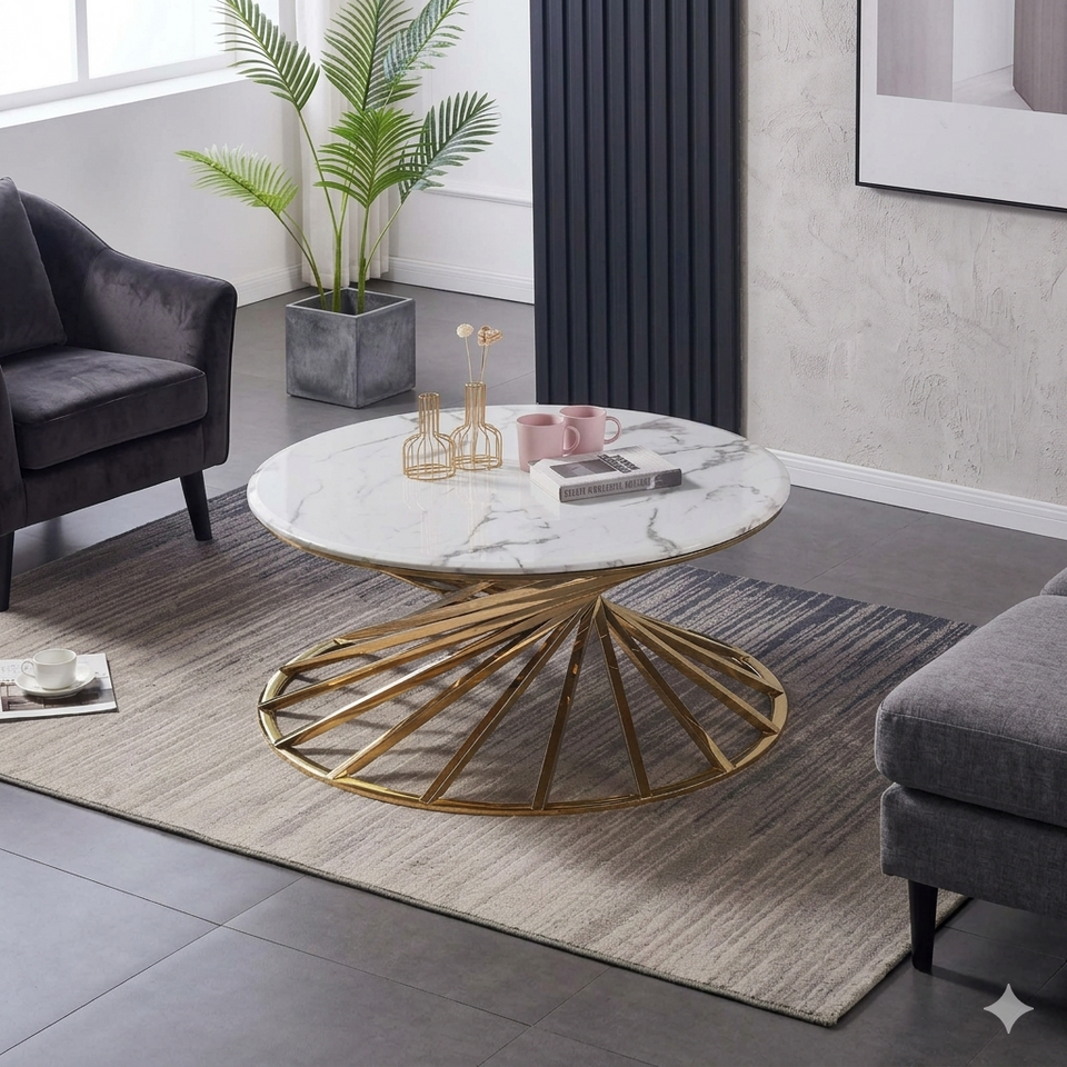 Lavish Kitchen Isle Axon round marble coffee table with gold frame and elegant stone top for modern living room decor.