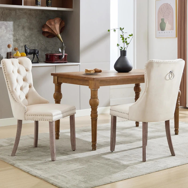 Set of 2 Velvet Dining Chairs with Button Tufted Backrest and Knocker Ring | Grey and Beige