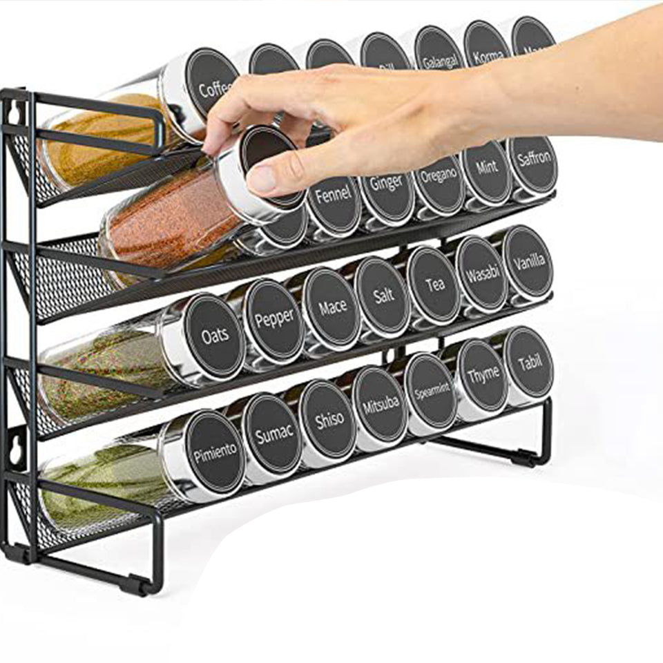 4 Tier Spice Rack Wall Mounted Spice Jars Organiser for Countertop - Black