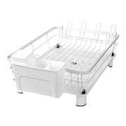 Stainless steel dish drying rack with drip tray and utensil holder, white finish, for drying dishes and utensils.