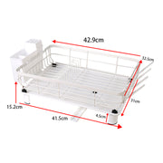 Stainless steel dish drying rack with drip tray and utensil holder, white finish, ideal for kitchen countertop drying and organization.