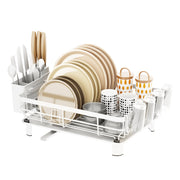Stainless steel dish drying rack with drip tray and utensil holder, white color, ideal for kitchen countertop drying.