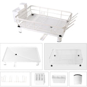 Stainless steel dish drying rack with drip tray and utensil holder, white color, ideal for drying dishes and utensils.