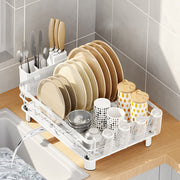 Stainless steel dish drying rack with drip tray and utensil holder, white kitchen drainer by Lavish Kitchen Isle.