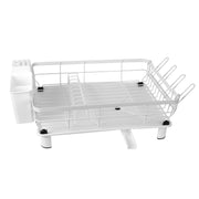Stainless steel dish drying rack with drip tray and utensil holder, white, from Lavish Kitchen Isle.
