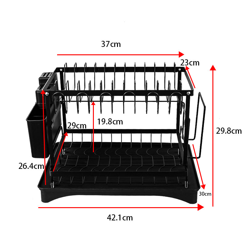 2-Tier Dish Drainer Sink  Rack with Drip Tray Space-Saving Drying Plate Rack with Cutlery and Cup Holders for Kitchen