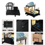 Black 2-tier dish drainer rack with drainage spout, utensil and cutting board holder for kitchen counter drying.