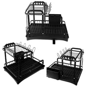 Black 2-tier dish drainer rack with drainage spout, utensil and cutting board holders, ideal for kitchen counter drying.