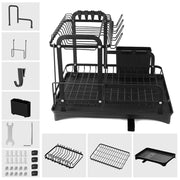 Black 2-tier dish drainer rack with detachable design, drainage spout, utensil and cutting board holder for kitchen counter.
