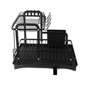 Black 2-tier dish drainer rack with drainage spout and utensil, cutting board holder, perfect for kitchen counter drying.
