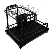Black 2-tier dish drainer rack with drainage spout, utensil holder, and cutting board holder for kitchen counter.