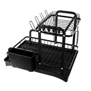 Black 2-tier dish drainer rack with drainage spout, utensil and cutting board holders, ideal for kitchen counter drying.