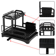 Black 2-tier dish drainer rack by Lavish Kitchen Isle with drainage spout, utensil and cutting board holder for kitchen counter.