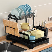 Black 2-tier dish drainer rack with detachable design, drainage spout, utensil and cutting board holder for kitchen counter.
