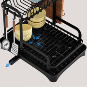 Black 2-tier dish drainer rack with detachable design, drainage spout, utensil and cutting board holders for kitchen counter.