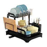 Black 2-tier dish drainer rack with drainage spout, utensil and cutting board holder for kitchen counter, by Lavish Kitchen Isle.