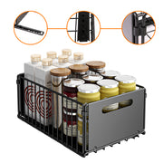 Two black carbon steel storage drawers with smooth sliding mechanisms, designed for kitchen cabinet organization.