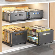 Two black carbon steel storage drawers with smooth sliding mechanisms, ideal for kitchen cabinet organization.