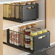Two black carbon steel storage drawers with smooth sliding mechanisms, ideal for kitchen cabinet organization.