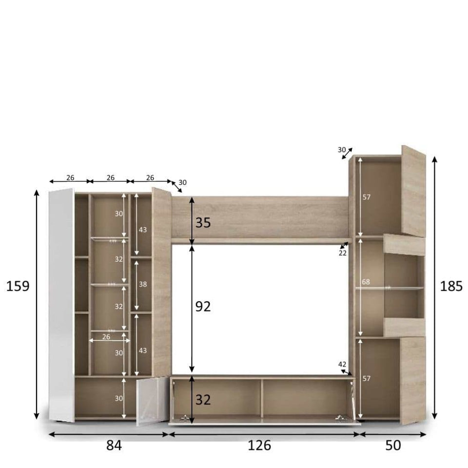 Modern White Gloss & Oak Wall Entertainment Unit with LED Lights