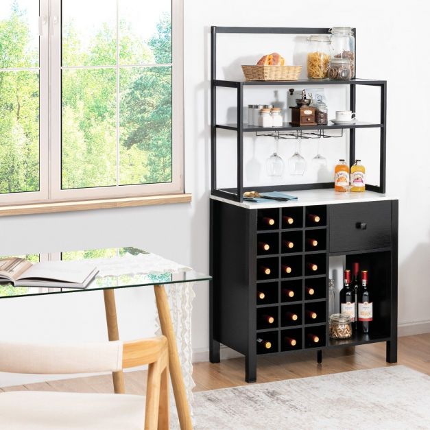 3-Tier Freestanding Kitchen Cabinet with Wine Rack and Drawer