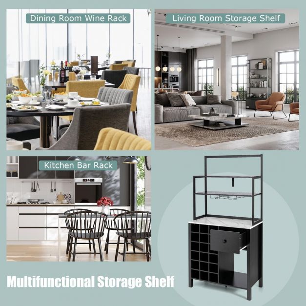 3-Tier Freestanding Kitchen Cabinet with Wine Rack and Drawer