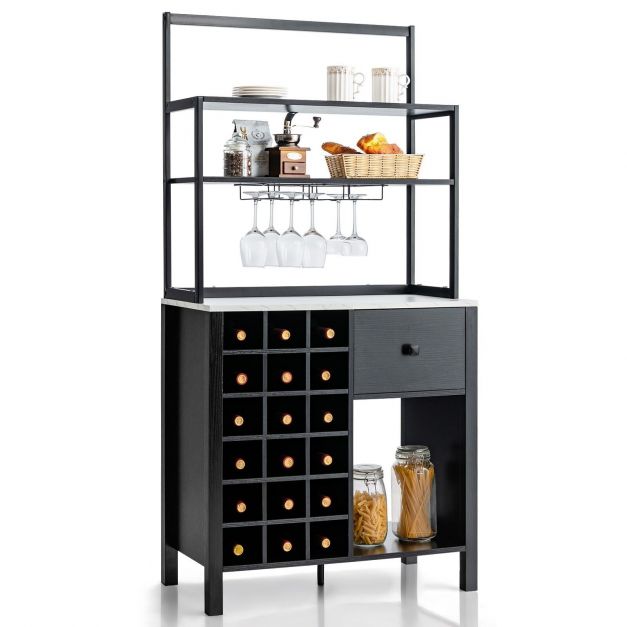 3-Tier Freestanding Kitchen Cabinet with Wine Rack and Drawer